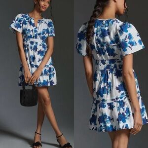 Anthropologie Somerset Cotton Mini Dress in Blue Motif Size Medium